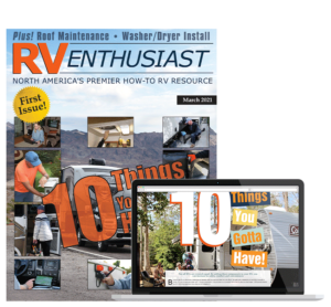 RV Enthusiast March 2021 cover and laptop look